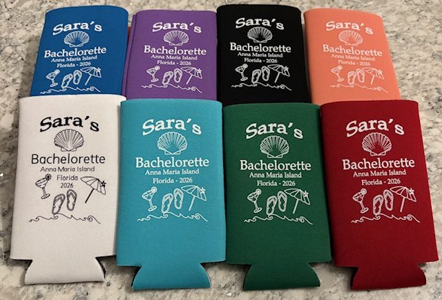 Eight custom printed can koozies in assorted colors for a bachelorette weekend, printed by Hatrick Sportswear