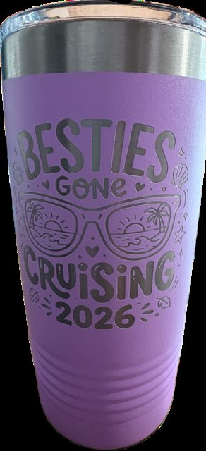 Purple insulated tumbler with a custom laser engraved design, engraved by Hatrick Sportswear