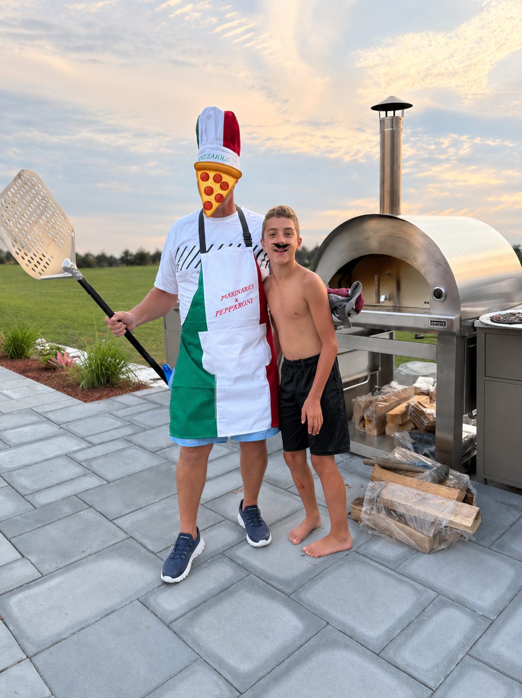 The Hatrick Sportswear family at home, wearing a custom printed apron