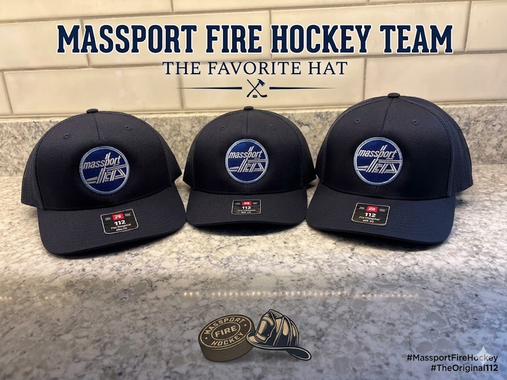 Three navy embroidered trucker caps for the Massport Fire Hockey team, embroidered by Hatrick Sportswear in Norton, MA