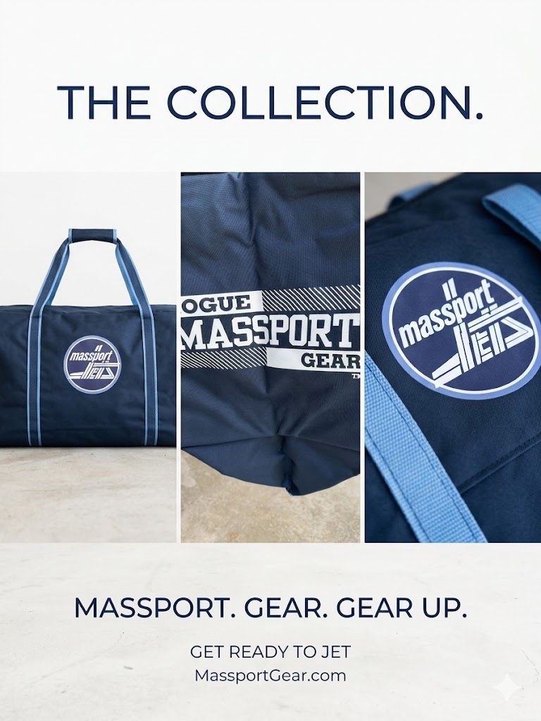 Navy Massport branded duffel bags with printed logos, produced by Hatrick Sportswear