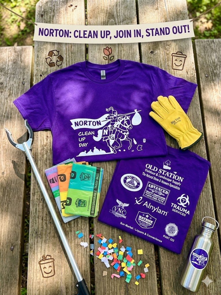 Purple Norton Clean Up Day event t-shirt with sponsor logos printed on the back, alongside gloves and a branded water bottle