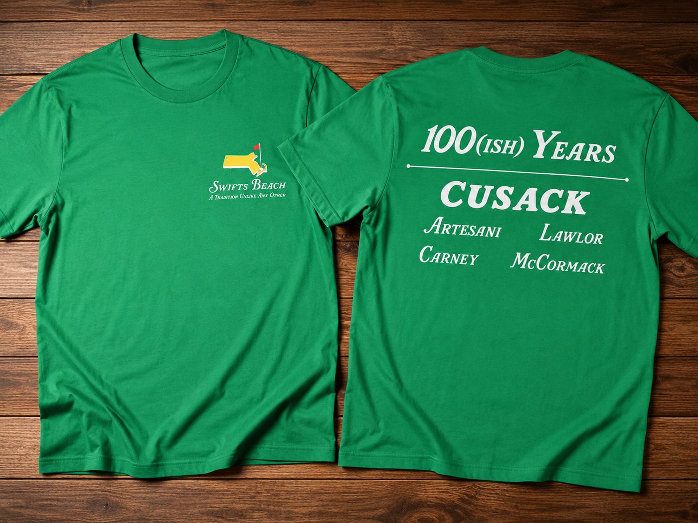 Green custom printed reunion t-shirts showing front and back, printed for a Swifts Beach family reunion