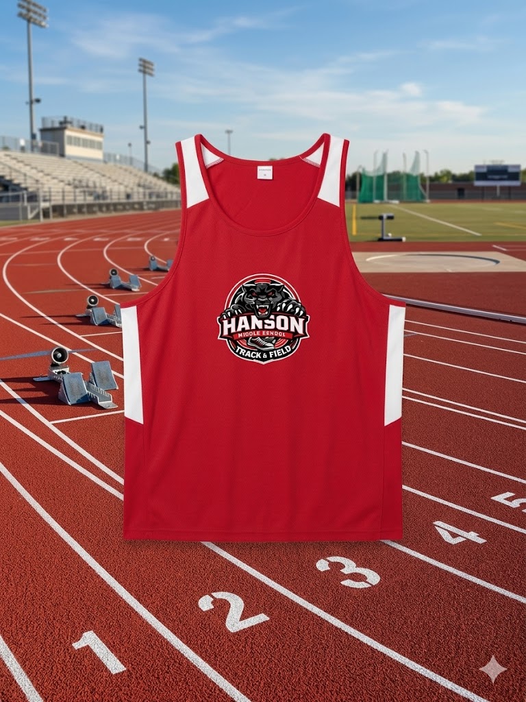 A red custom printed track singlet photographed on the track